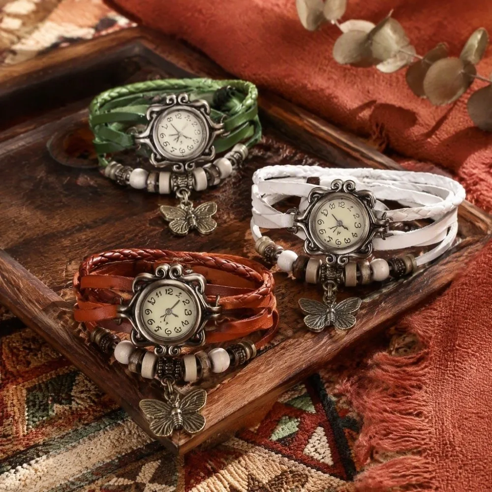Vintage Bracelet Watch PU Leather Butterfly Charm Women Wristwatch Quartz Movement Leather Wrapped Wrap Bracelet Watch