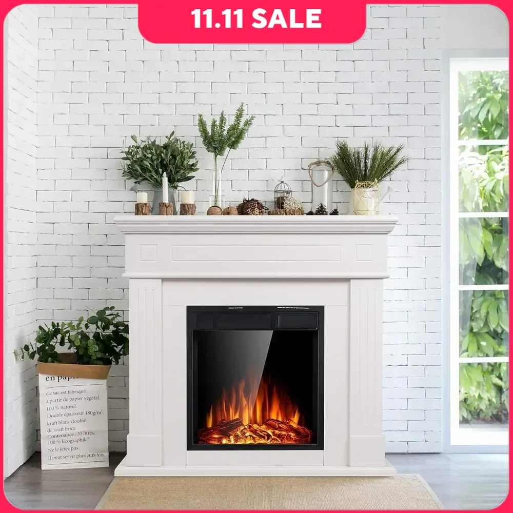 

44" Fireplace W/ Mantel Package Freestanding Fireplace Heater Corner Firebox, Log & Remote Control, Fireplace