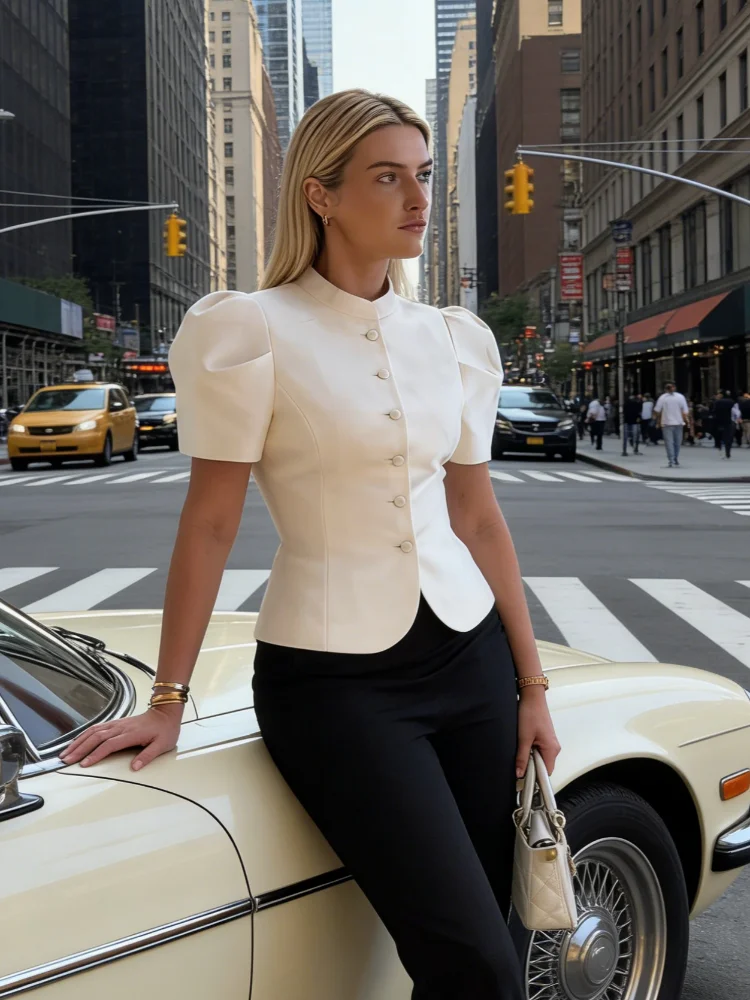 Camicia Elegante da Donna con Maniche a Lanterna, Colletto Alto, Vestibilità Slim, Nuova Moda Casual per Uso Quotidiano e Lavorativo