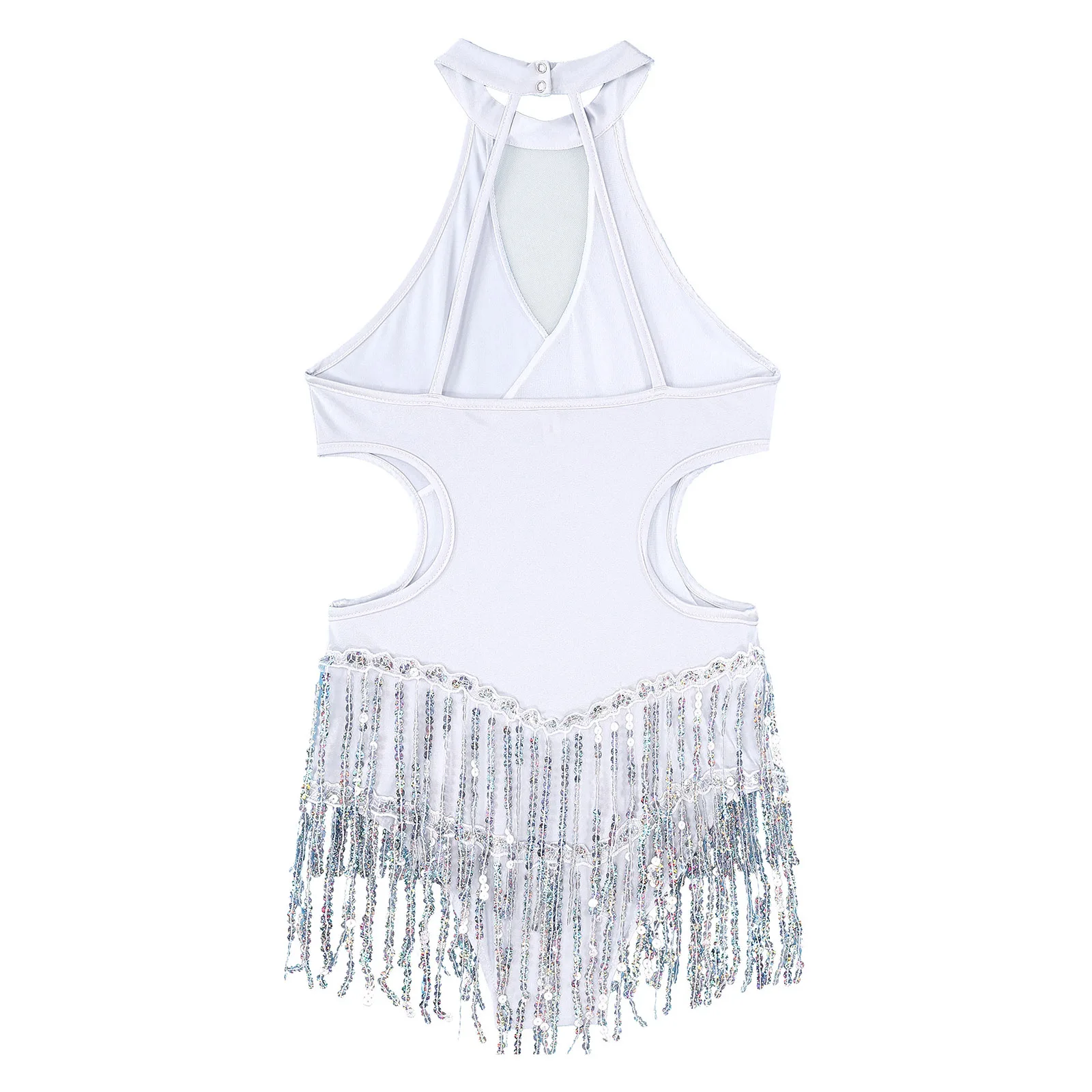 Womens Gymnatics Sleeveless Fringed Leotard Dancewear Latin Cha-Cha Ballet Dance Performance Costume Sparkling Sequin Bodysuit