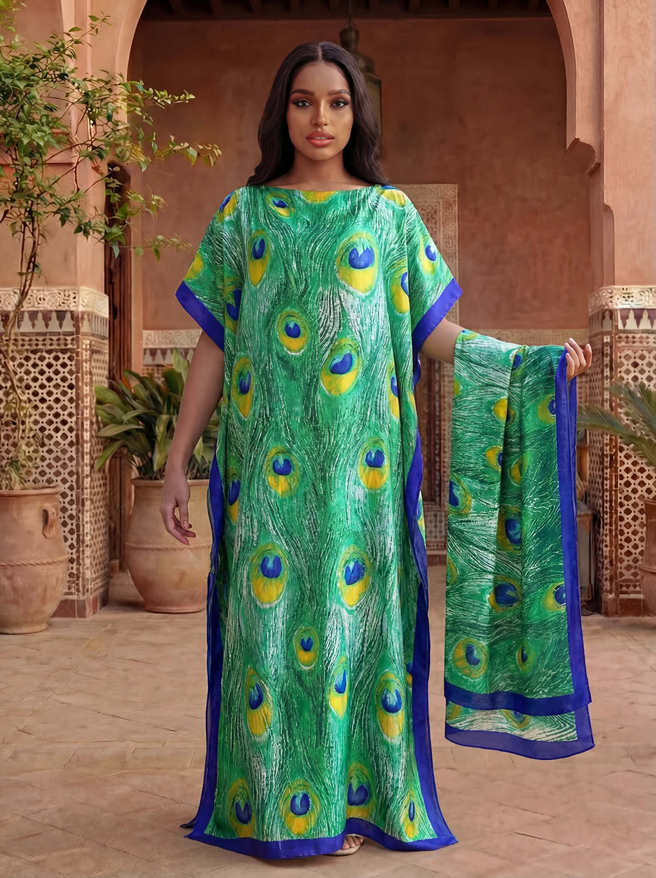 Women's African Maxi Summer Dress Casual Loose Abaya Kaftan with Big Scarf Muslim Robe Flower Shawl Dubai Turkey Style MOOMOO