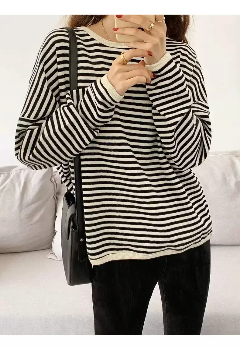 2023 spring and autumn new Korean version casual lazy style pullover striped sweater women\'s loose top coat