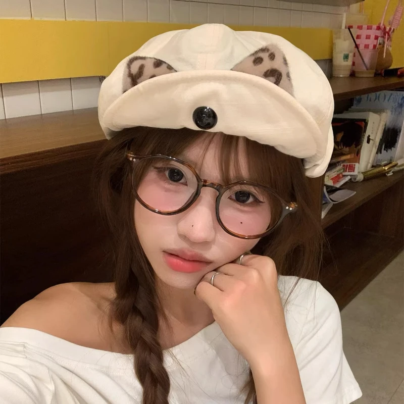 

Cute Leopard Print Small Ears Newsboy Hats for Women Summer Autumn Casual Versatile Show Face Small Retro Versatile Cloud Berets