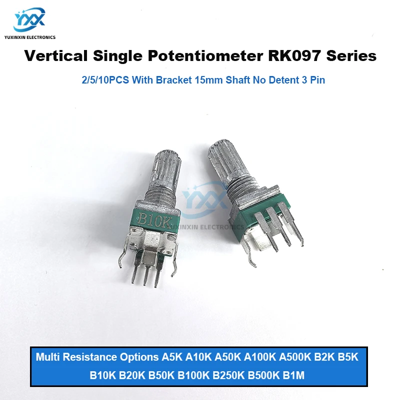 2/5/10PCS RK097 R097 Vertical Precision Potentiometer with Bracket 15mm Handle No Gear 3 Feet A/B10K 2K 5K 50K 100K 250K 1M