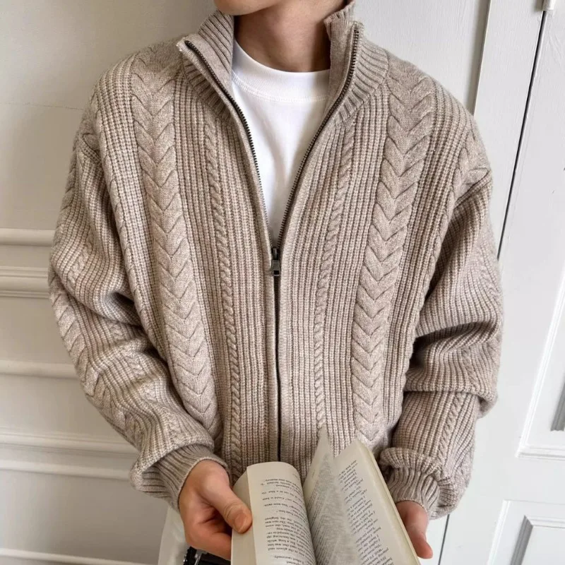 Autumn Winter New Wheat Twists Zipper Sweater Stand Collar Solid Cardigan Men British Style Versatile Casual Thick Knitted Coats