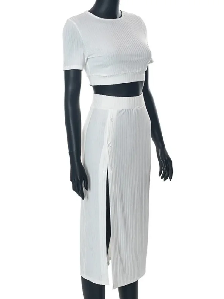 Sólido branco 2 peças conjunto roupa feminina sexy vestido conjunto o pescoço manga curta colheita superior lado split cintura alta saia casual streetwear