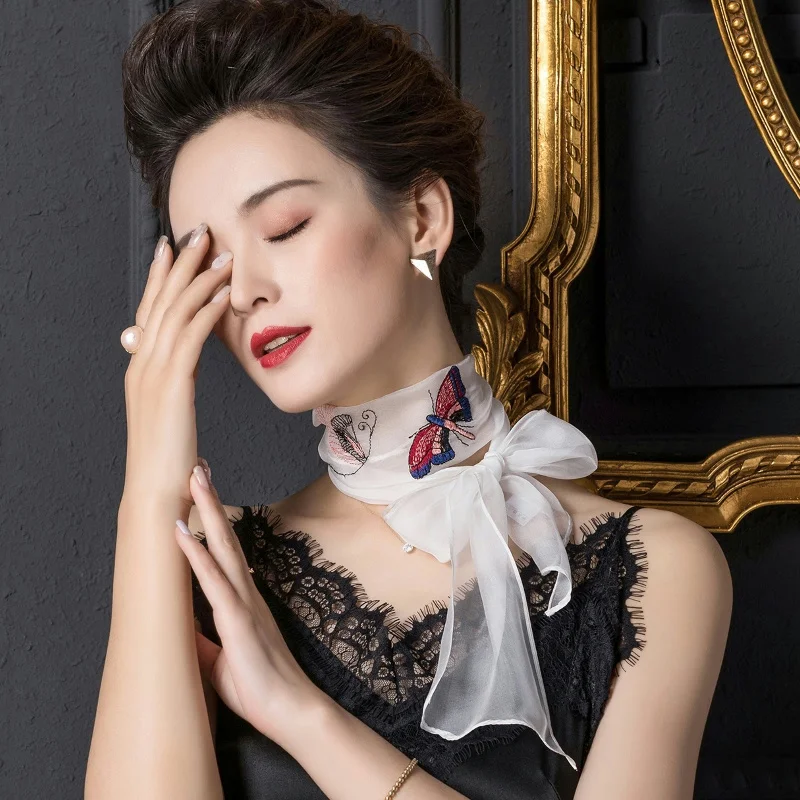 エレガントな蝶の刺繍シルクスカーフ女性の-00-マルベリーシルク春秋ビーチタオルシルクリボン日焼け止め薄いベルト