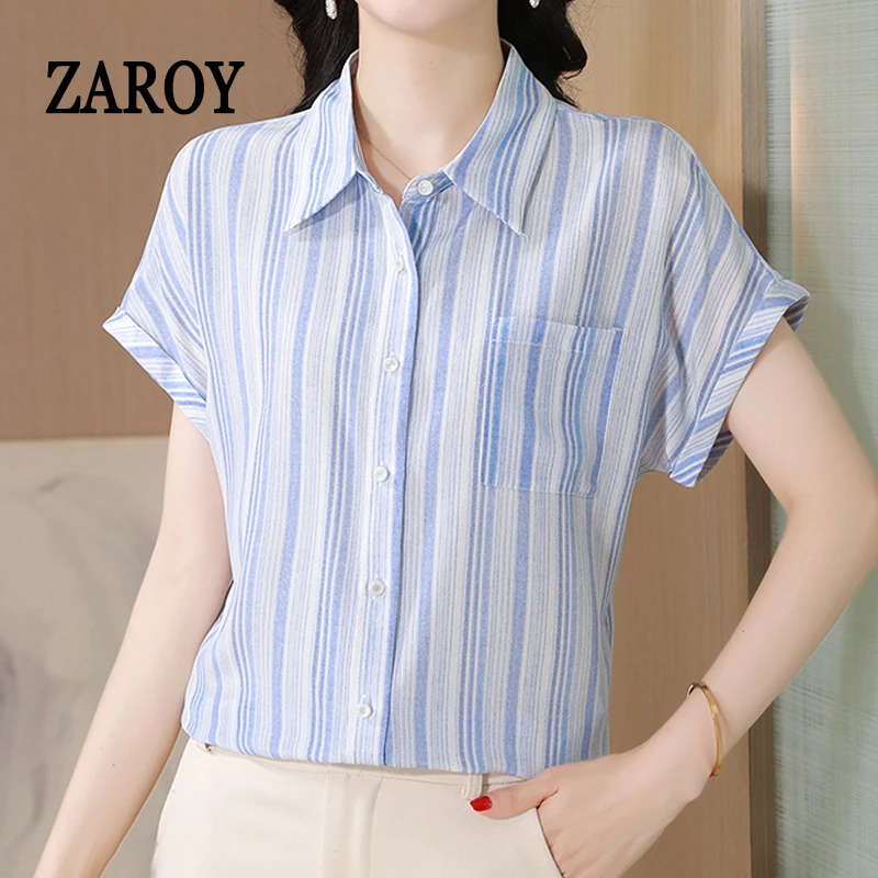 

ZAROY Summer Clothes For Ladies Short Sleeve Casual Chiffon Blouses Elegant Striped Female Shirts Short Sleeve Lapel OL Shirt