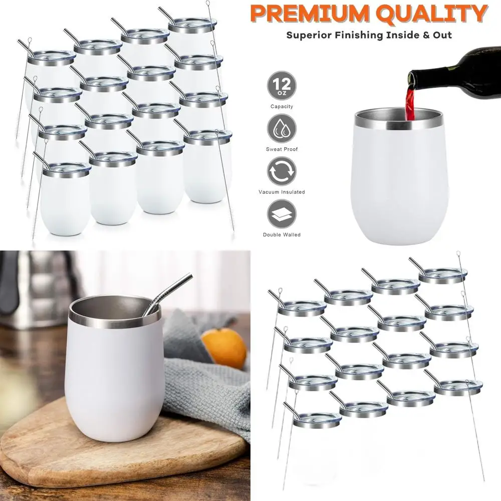 

16-Piece Stainless Steel Insulated Wine Tumblers with Lids and Straws for Beverages