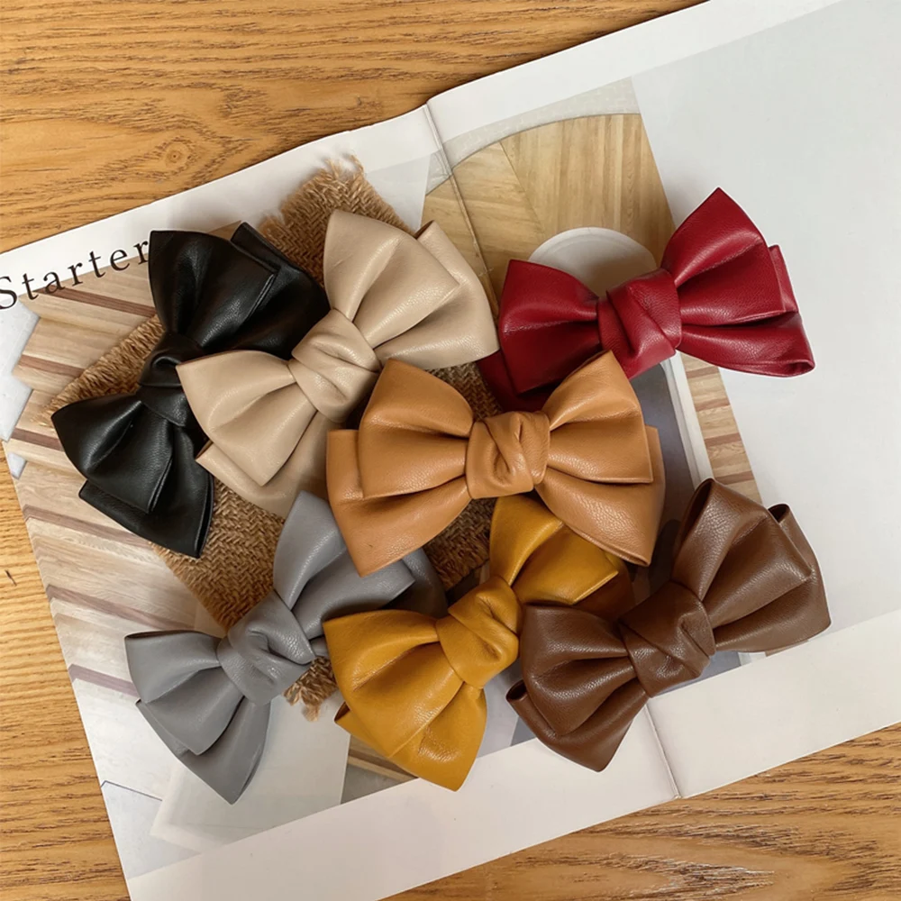 Korean Fashion Solid Color PU Leather Girls Duckbill Clips Headwear Spring Clips Hair Clips Bow Hairpin