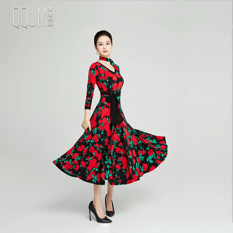 2024 Modern Dance Dress V-neck Seven-point Sleeve Performance Waltz Ballroom Costumes  L202315