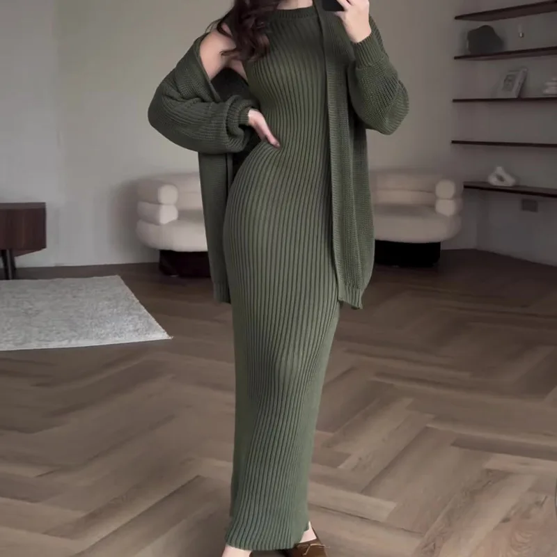 EAEOVNI Otoño Invierno tejidos nuevos conjunto mujer elegante Color sólido suéter suelto abrigo + vestidos largos sin mangas ropa de moda