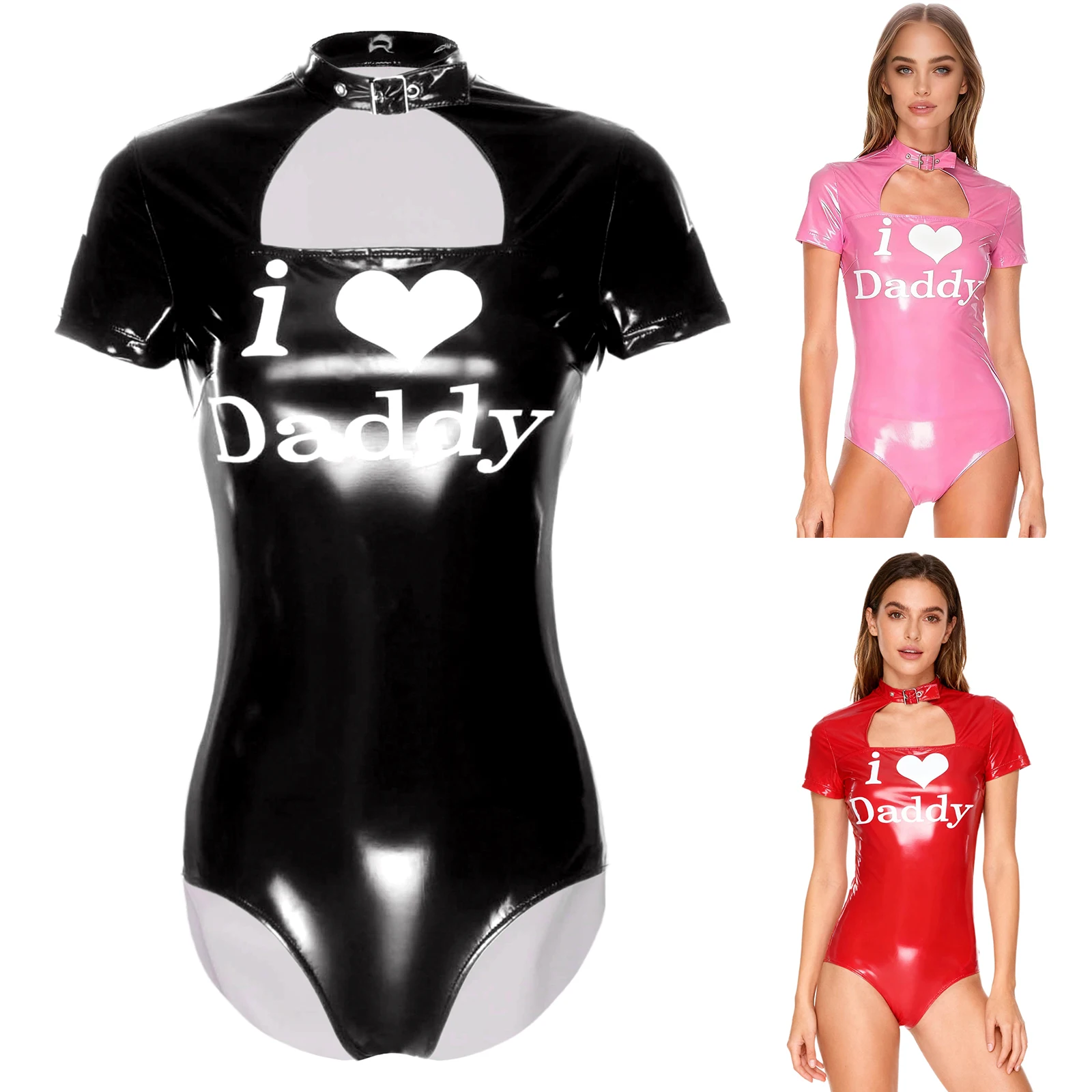 

Women Sissy Letter Printed Tempting Bodysuit Short Sleeve Wet Look Jumpsuit for Lingerie Couple's Dating Flirting Nightwear
