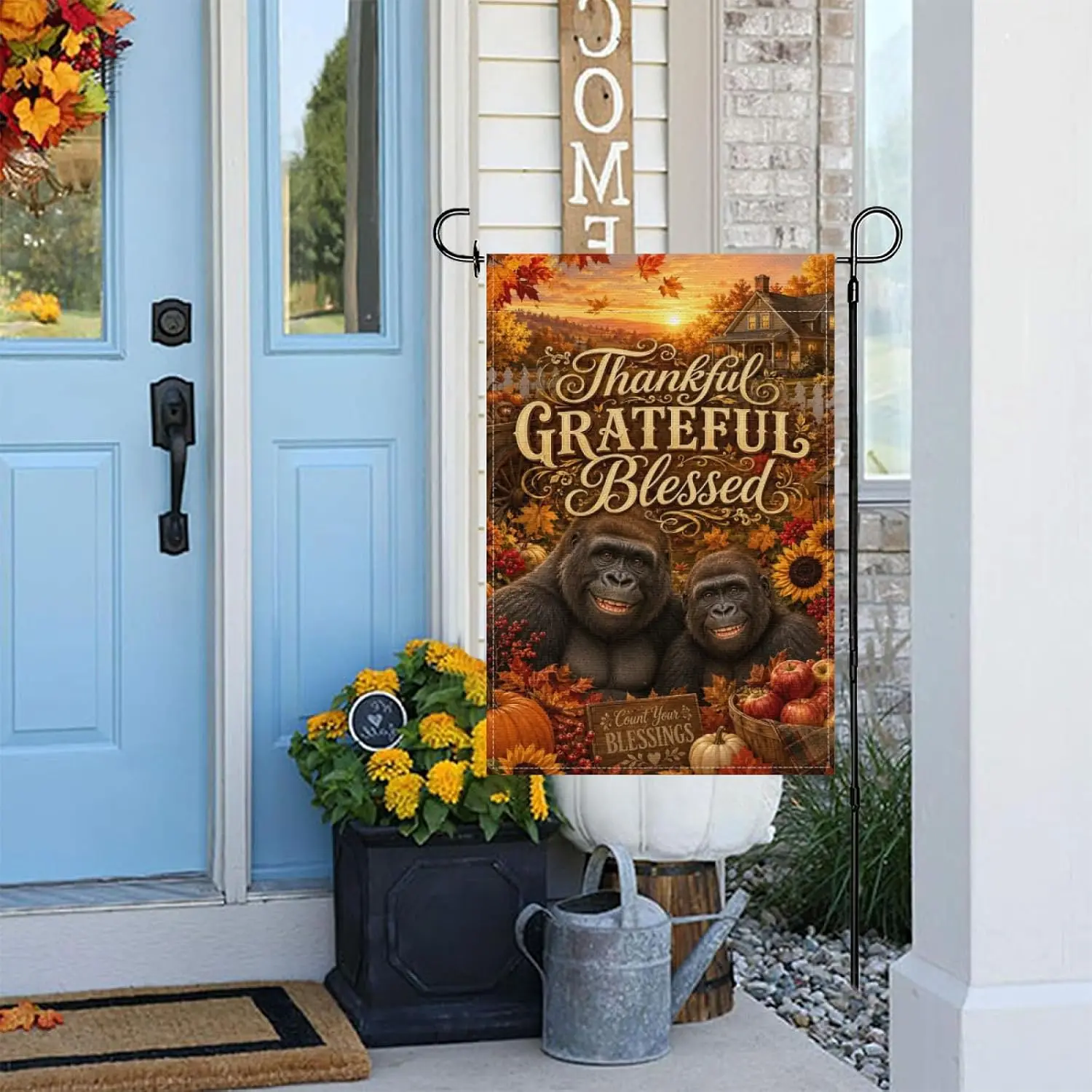 Cute Fun Gorilla Garden Flag 12x18Inch Fall Harvest Outdoor Yard Decor,Thankful Grateful Blessed Autumn Farmhouse Double Sid kkz