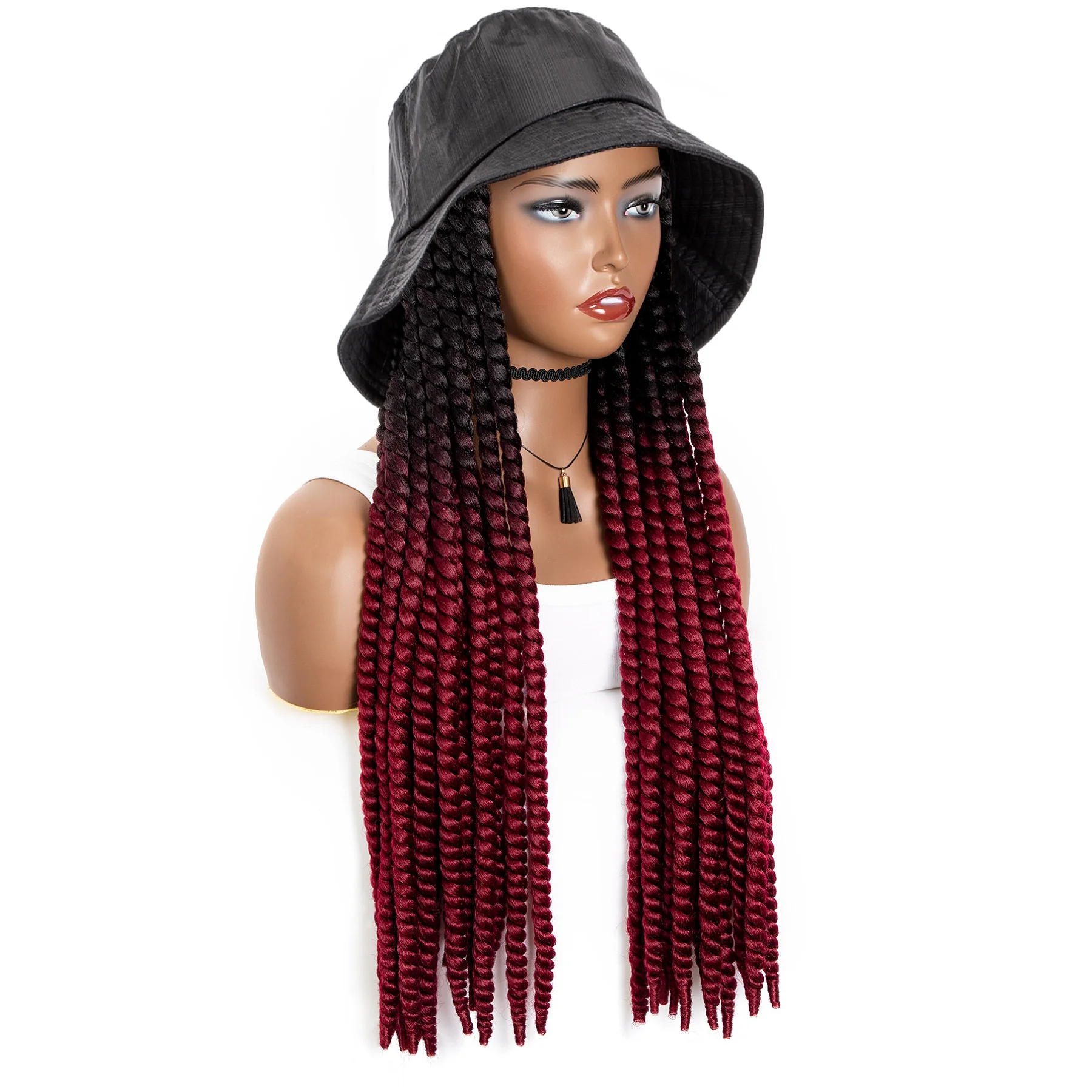 WIGERA Long Ombre Black Burgundy Synthetic Havana Mambo Twist Braided Hair Extensions Cap Wig Spring Braiding With Bucket Hat