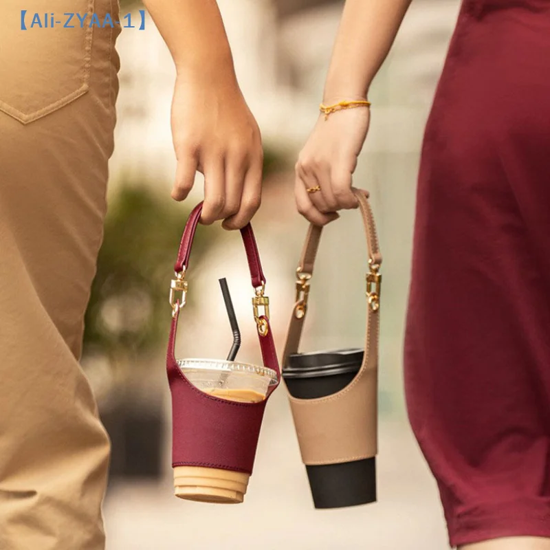 【ZYAA-1】Leather Cup Cover Pouch Portable Water Bottle Sleeve Bag Leather Carrying Strap Insulating Cups Milk Tea Coffee Cups