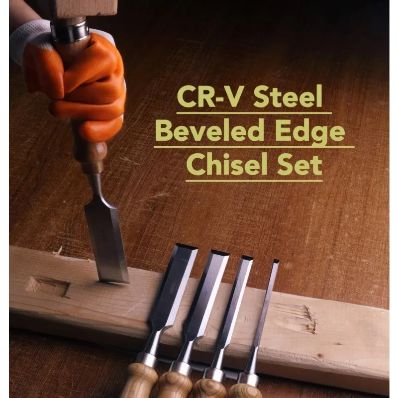 4 Piece CRV Steel Wood Chisel Set Premium Carbon Steel Woodworking Carving Chisels with 6mm 12mm 18mm 24mm Sizes for DIY Woodwork Carving Grooving trimming