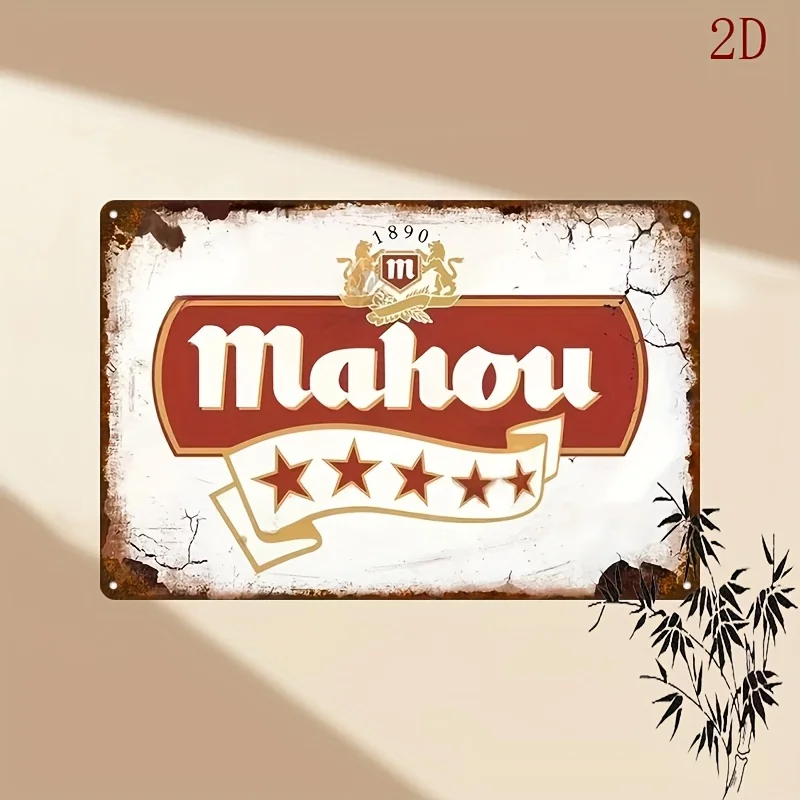 Letrero de cerveza "Mahou" - Arte de pared, diseño de mango de grifo decorativo de hierro rústico con estrellas doradas y cinta roja, perfecto para interiores/exteriores