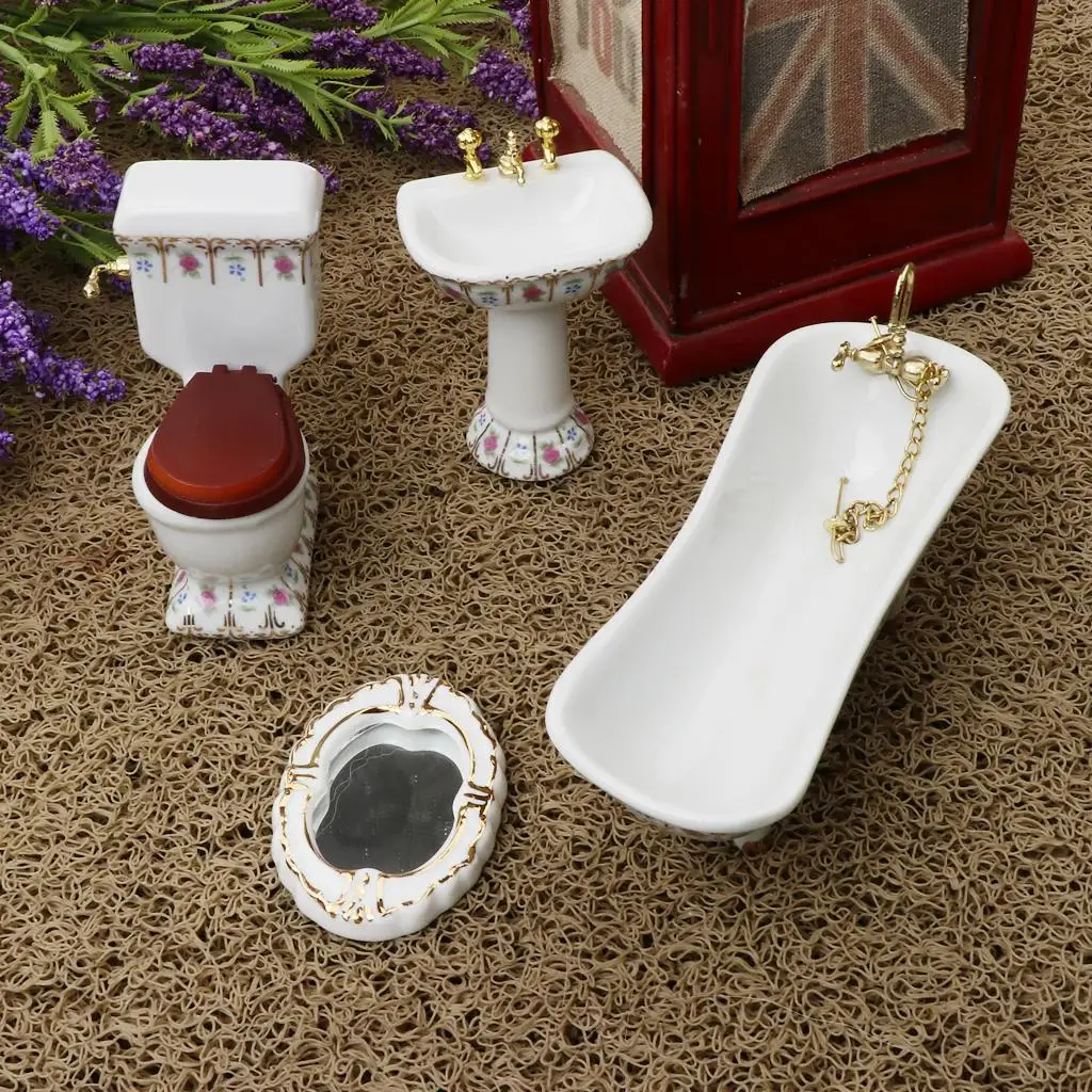 

Набор для ванной комнаты для кукольного домика: мини-ванна, унитаз, раковина, зеркало для кукол 1:12, мебель для кукольного домика