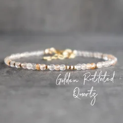 Gold Rutilated Quartz Bracelet, Dainty Beaded Golden Quartz Bracelet, Stackable Gemstone Bracelets for Women, Gift for Her