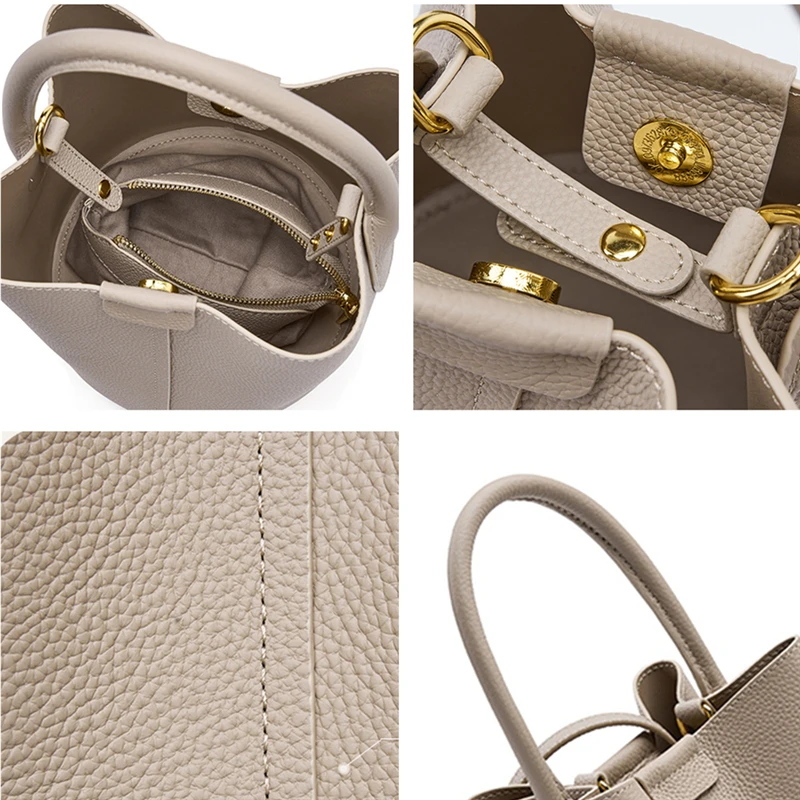 BURMINSA Genuine Leather Small Bucket Bag Women Vintage Cowhide Office Shoulder Crossbody Handbags Top Handle Commuter Purses