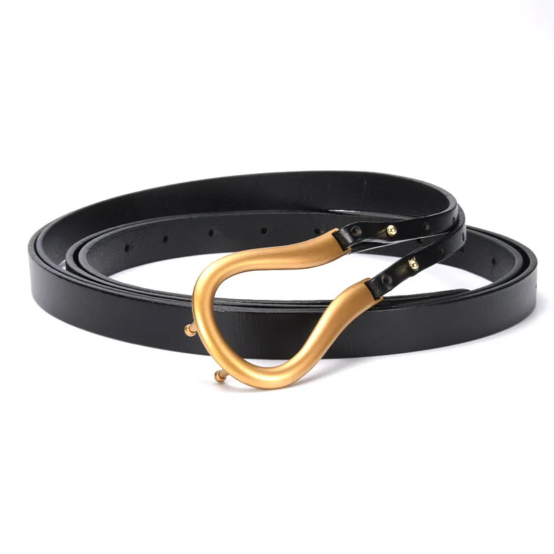 New Fashion Horseshoe Buckle Casual Decorative Double-Layer Metal Arc Buckle Long Fringe Thin Leather Belt