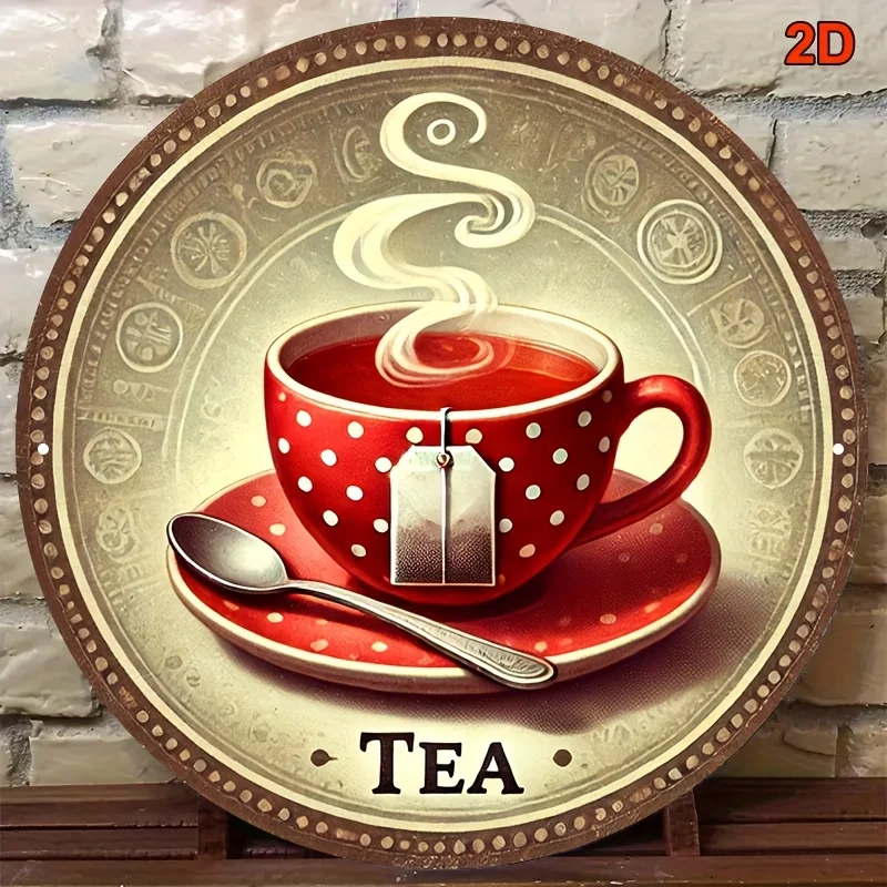 2D Flat, 1pc Vintage British Afternoon Tea Metal Wall Art - 20.32x20.32 cm Round Iron Sign with Red Polka Dot Teacup & Teapot De
