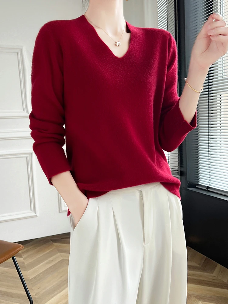 

Autumn Winter 100% Merino Wool Knitwear Women Sweater Long Sleeved V-Neck Solid Color Pullover Casual High-Quality Simple Style