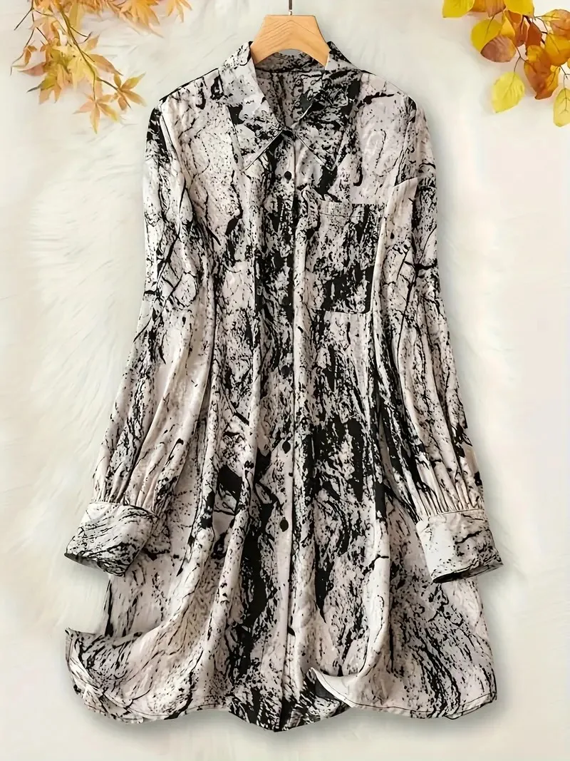 Women\'s Plus Size 1XL-5XL Marble Print Long Sleeve Button Up Lapel Collar Tunic Shirt Top Elegant and Flattering Fit