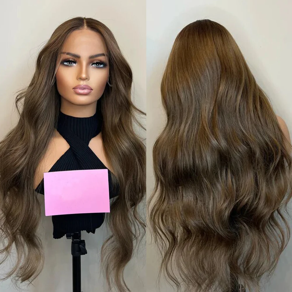 RONGDUOYI Toffee Brown Body Wave Synthetic Wig Long Straight Natural Hairline Lace Front Wigs Makeup Cosplay Women Use