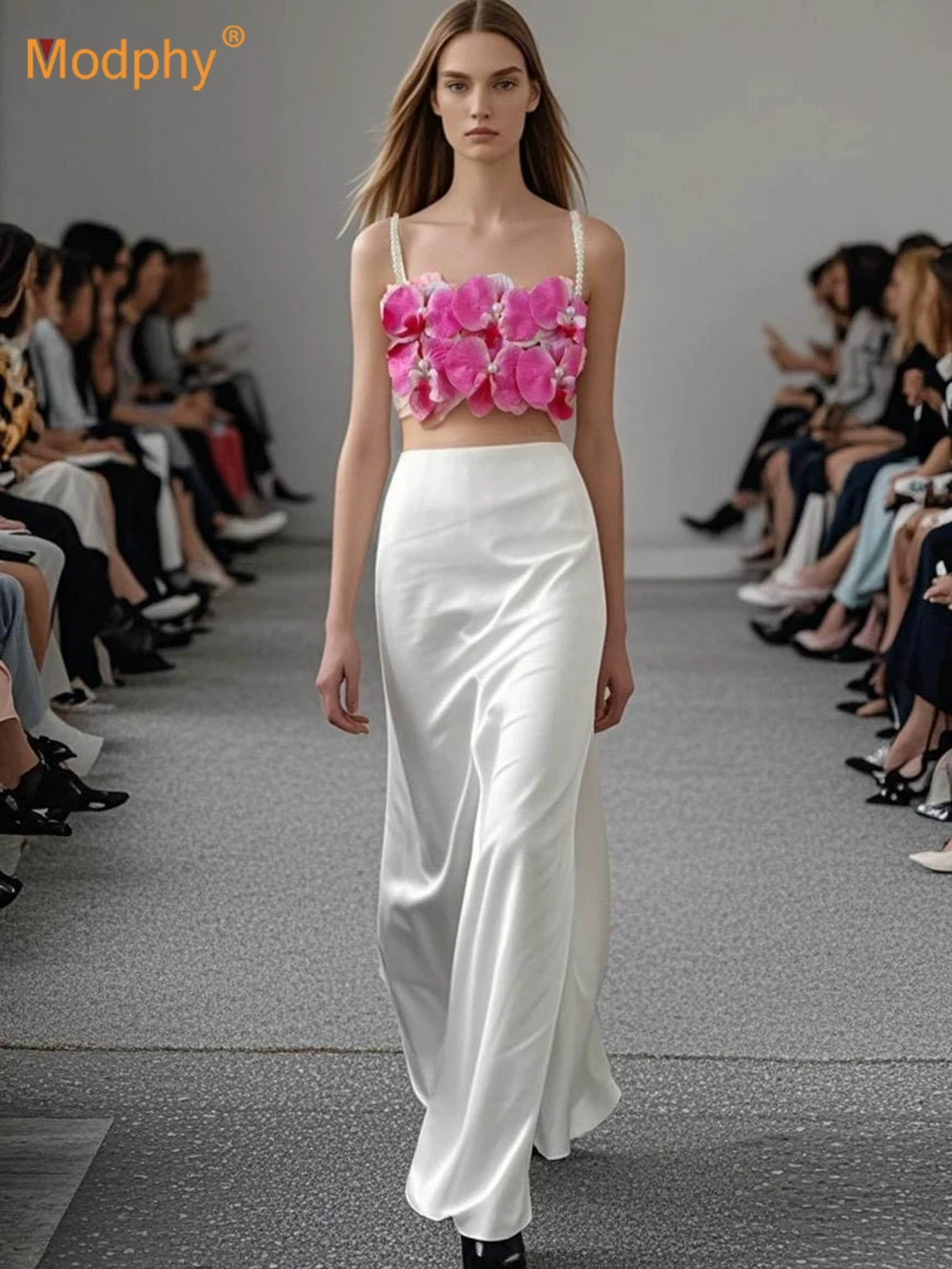 

Modphy Pearl Sling Flower Top Skirt Women Suit Short Top Long Skirt 2 Piece Set 2025 Summer Beach Holiday Wedding Female Outfit