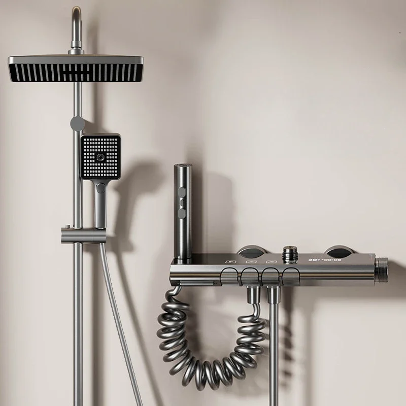 Imagem -02 - Inteligente Digital Display Shower Conjunto para Banheiro Grey Wall Mount Funções Chave de Piano Rainfall Shower Faucet System Luxo