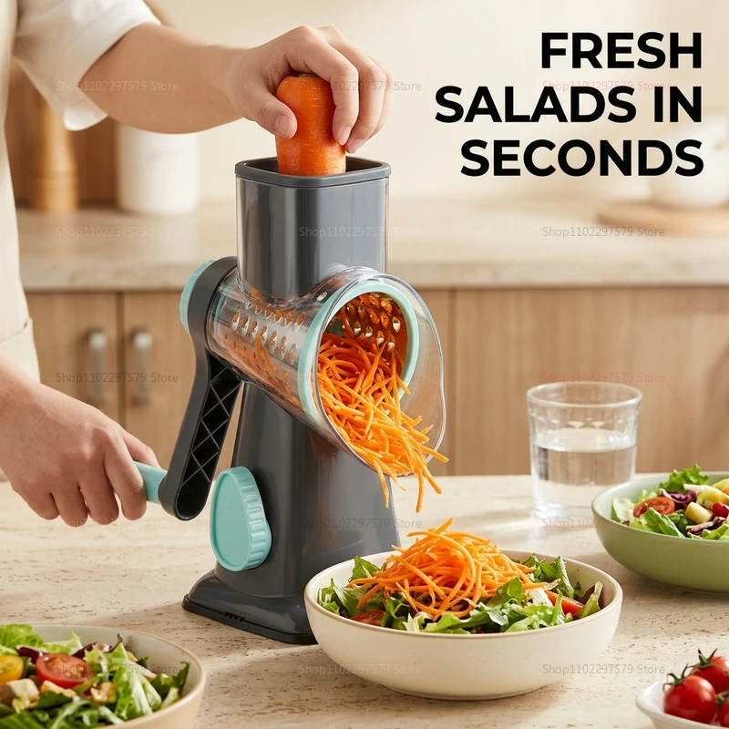Rallador de Queso Rotatorio 3 en 1 y Cortador de Verduras - Utensilio de Cocina de Plástico Apto para Alimentos para Rallar y Cortar sin Esfuerzo - Fácil de Limpiar