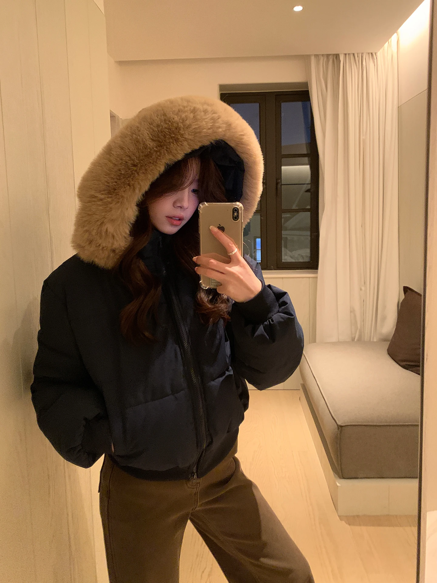 

Korean Sle High nce Autumn Winter Thiened Hooded Cotton Jaet Waist Cinched Fur Collar Women's Faion Coat