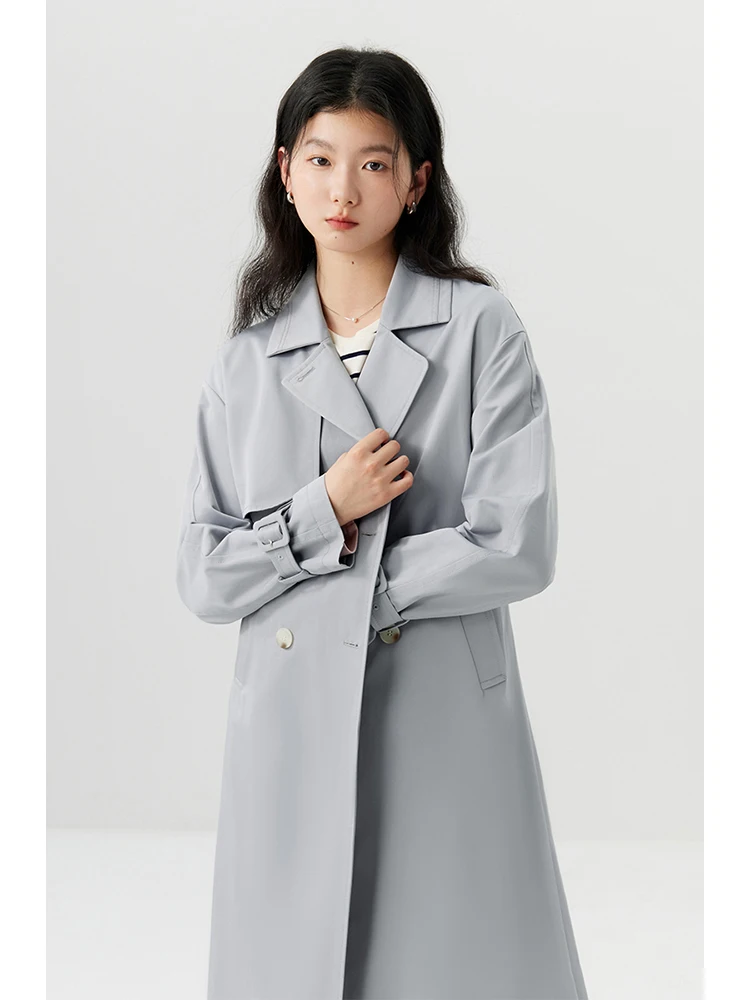 ZIQIAO semplice doppio petto lungo dritto primavera Trench manica Raglan colletto rovesciato femminile blu grigio Trench 24ZQ91232