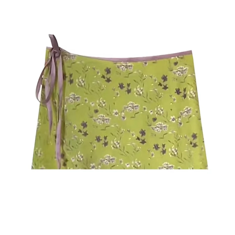 Summer Original Design Green Floral A-line Short Skirt New Irregular Lace-up High Waist Sweet Versatile Thin Short Skirts Ladies