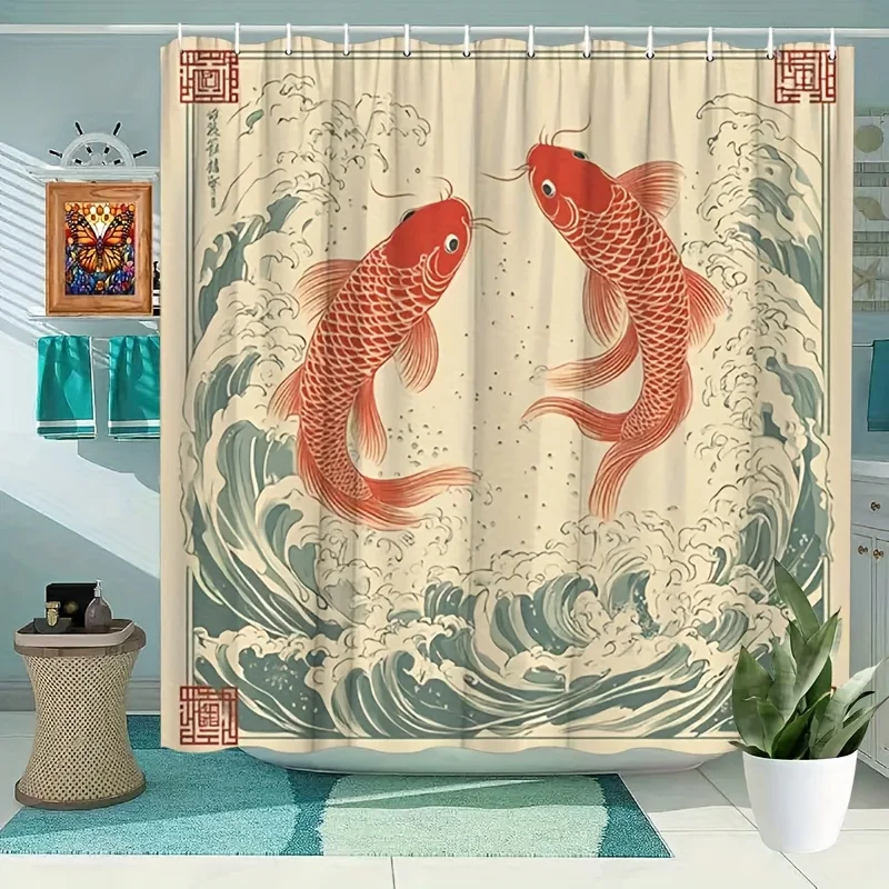 1pc New Chinese Style Shower Curtain, Presented with Traditional Elements: Red Carp Symbolizes Auspiciousness, Wave Pattern Adds