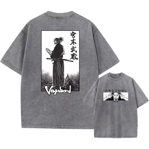 Camiseta de calle para hombre, camiseta negra lavada Harajuku Vintage con estampado gráfico de Vagabond de Anime, camiseta holgada informal de algodón para verano para hombre