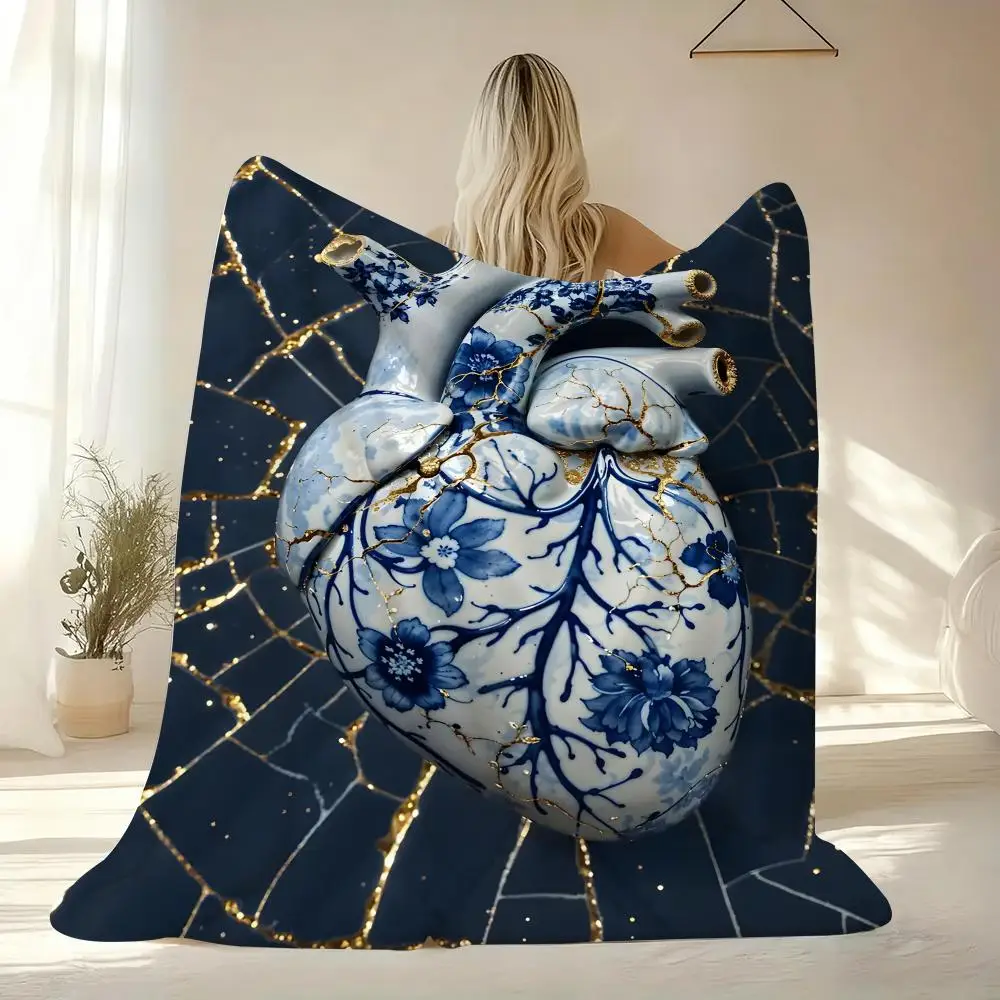 Porcelain Pattern Throw Lightweight Soft Flannel Throw Blanket Summer Cooling AC Nap Blanket for Sofa Couch Bed Travel
