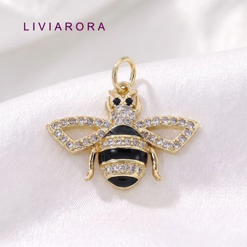 1/2Pcs 18K Gold Plated Brass Bee Pendant Black Enamel Stripe Inlaid Zircon Wings Insect Charm For Jewelry Making Accessories