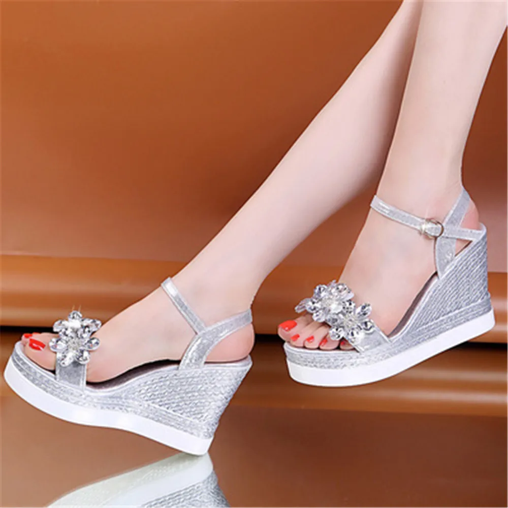 New Female Ankle Strap Buckle Rhinestone Crystal Sandals 2021 Summer Women Round Toe High Heels Fashion Ladies Wedges Shoes Gold