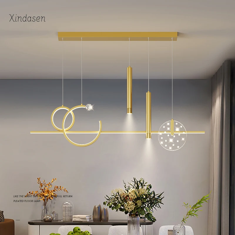 

Dining Room Chandeliers Modern Luxury Gold Ring Lustre Led Pendant Lights Kitchen Table Long Lamp Suspension Luminaire Spotlight