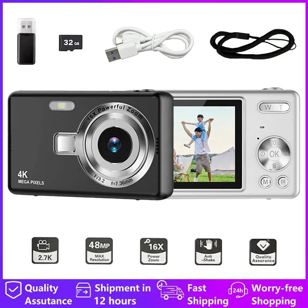 Cámara digital 4K para fotografía y grabación de vídeo Cámara compacta Vlogging con enfoque automático de 96MP y 2,4 pulgadas para principiantes