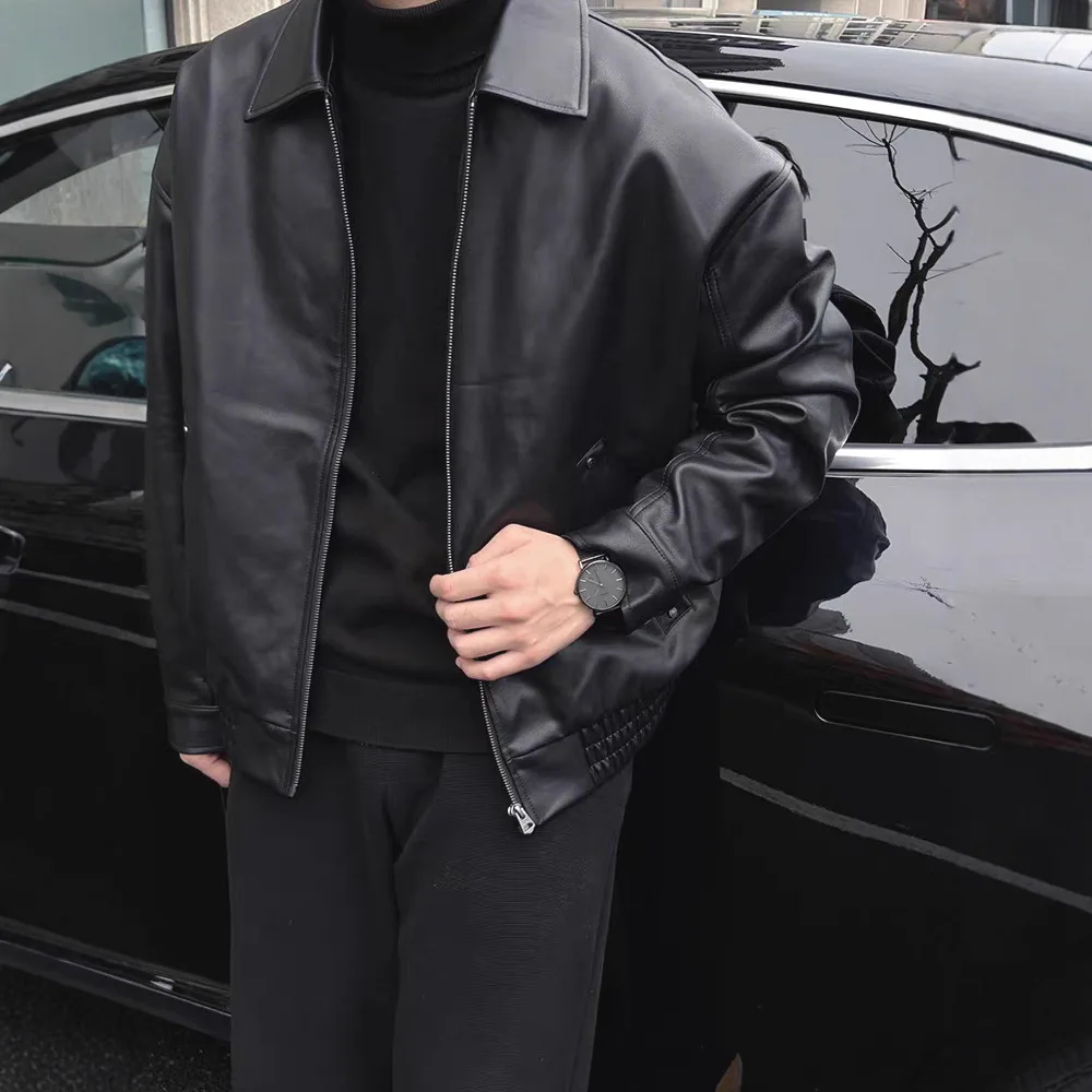 Black Executive Zip-Up Lapel PU Leather Jacket Men's Casual Top