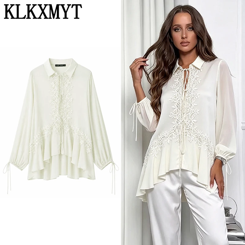 KLKXMYT Damenmode Spitzenstickerei-Hemd Langarm Transparente Bluse Romantischer Stil Elegantes Oberteil