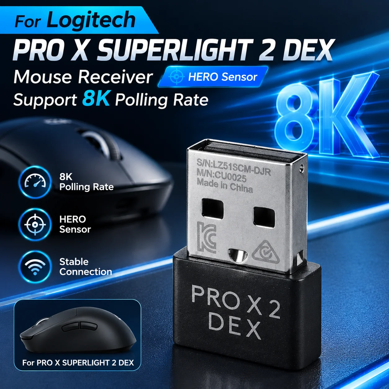 USB Receiver For Logitech PRO X SUPERLIGHT 2 DEX Replacement USB Dongle for Gaming Mouse 8000Hz Ready Mouse Adapter Replacement