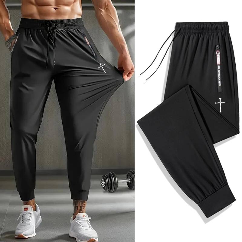 

Эластичные быстросохнущие брюки с перекрестным принтом, брюки для мужчин, христианские спортивные штаны для бега, тренировок, спортивные штаны с карманами на молнии