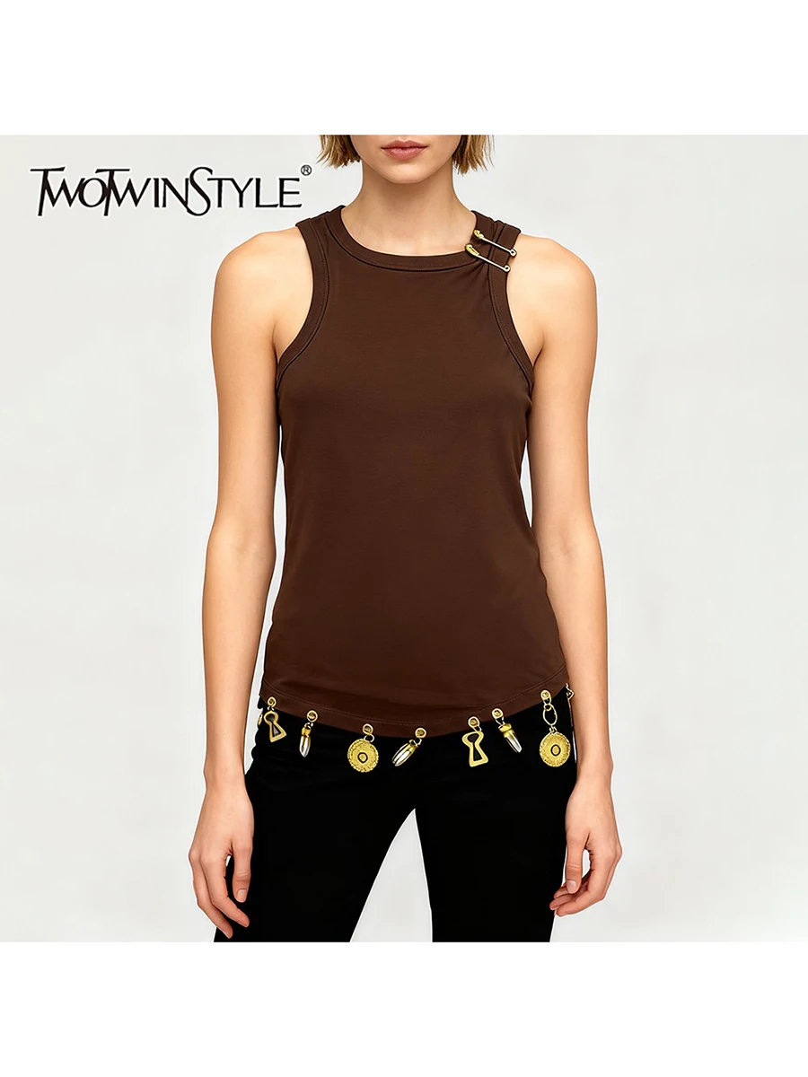 TWOTWINSTYLE Solid Slimming Spliced Sequined Fashion Vests for Women Round Neck Sleeveless Design Sense Vest Female Clothing New