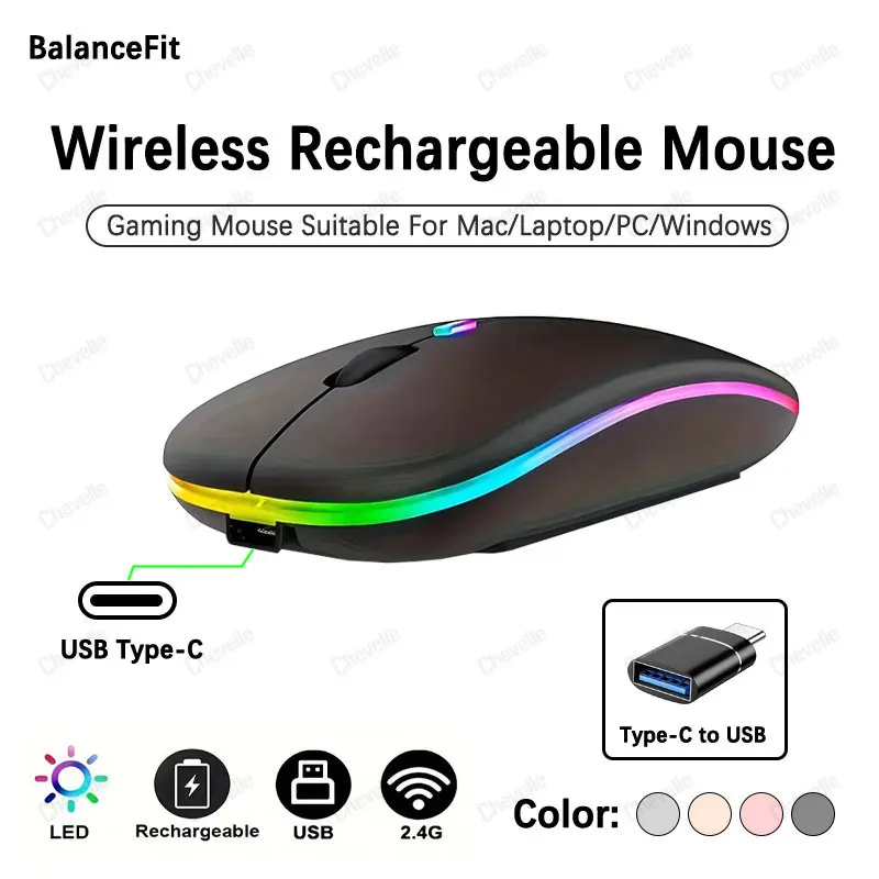 Mouse recarregável sem fio, Bluetooth com adaptador tipo C, mouse para jogos com luz de fundo LED adequado para MAC/Laptop/PC/Windows