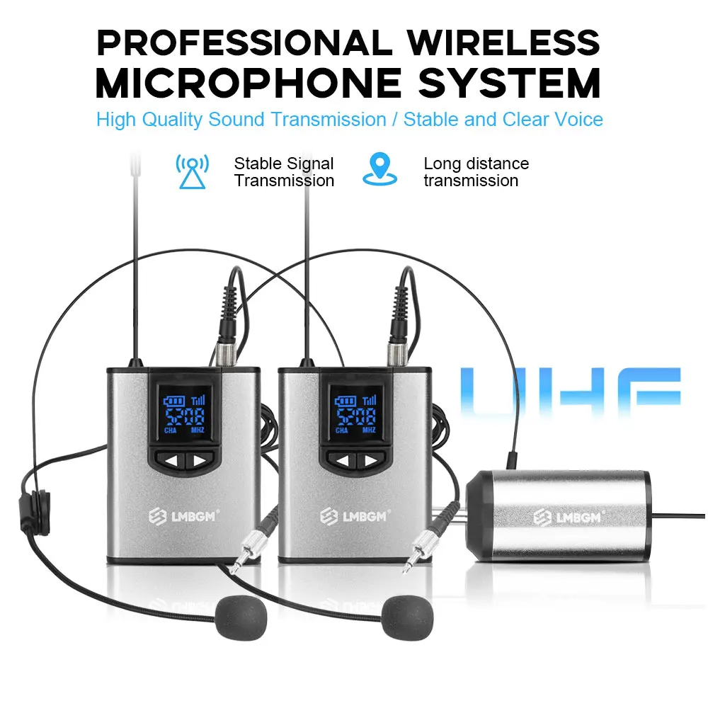 

LMBGM-MK36 UHF Wireless Microphone System Mini Bodypack Lavalier/Headset Mics Metal Material Long Battery Life for Live,Teaching